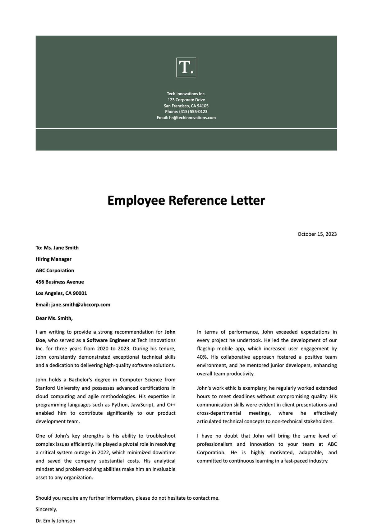 Professional job reference letter template with dark header and contact details_variant_1